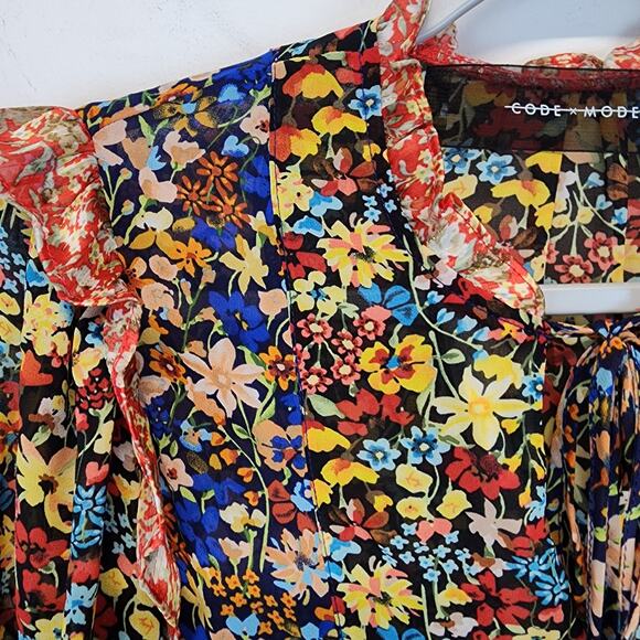 Code x Mode Floral Dress Size S Colorful Sheer Chiffon Ruffle V-Neck Peasant - Picture 3 of 11
